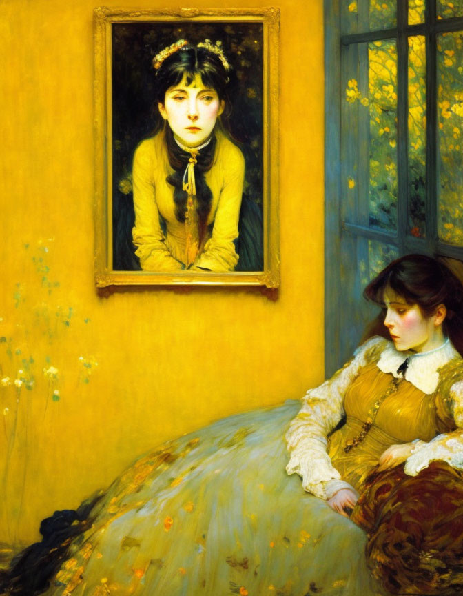 Contemplative woman by window with portrait on vibrant yellow wall