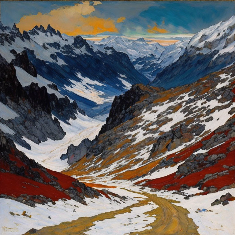 Mountainous Landscape Painting with Golden Sunset and Snow-Covered Peaks