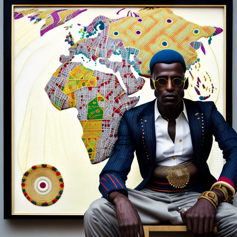 Stylish Man in Suit with Colorful Africa Map and Shield