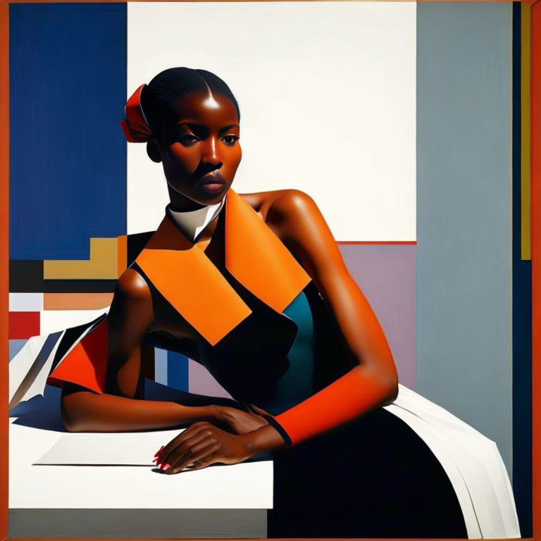 Stylized portrait of woman with dark skin in geometric attire on colorful abstract backdrop