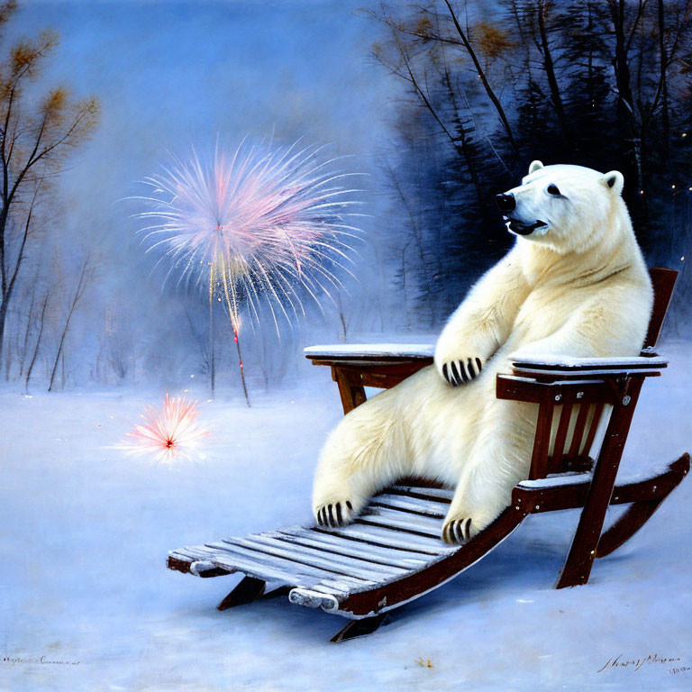 Polar bear sitting on chair watching fireworks in snowy landscape