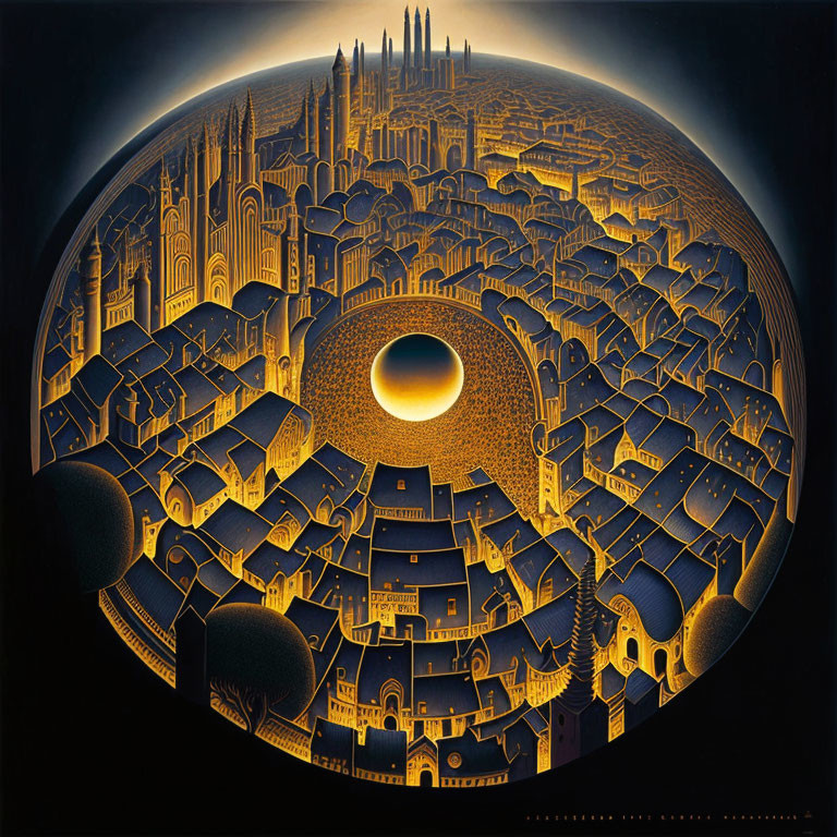 Circular surreal cityscape with intricate gold and black buildings and glowing orbs