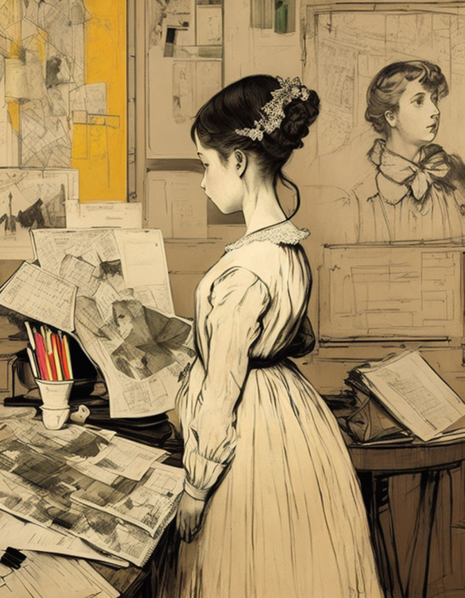 Vintage-style illustration of woman reviewing documents at desk with pencils, maps, and sketch of girl on wall