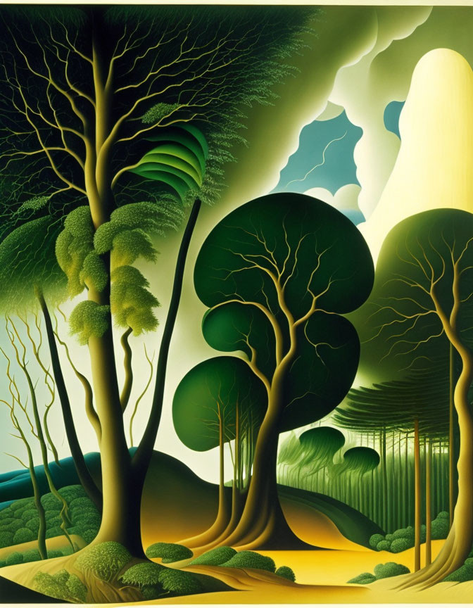 Surreal landscape with stylized trees and layered hills in bright light