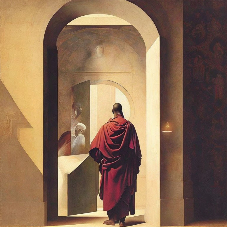 Robed Figure in Doorway Observing Haloed Figure in Luminous Interior