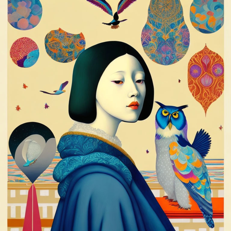 Surreal portrait of woman with bob haircut and owl in colorful dreamlike scene