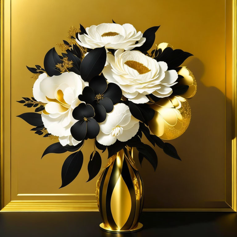 Golden Vase with White and Black Floral Art on Gold Background