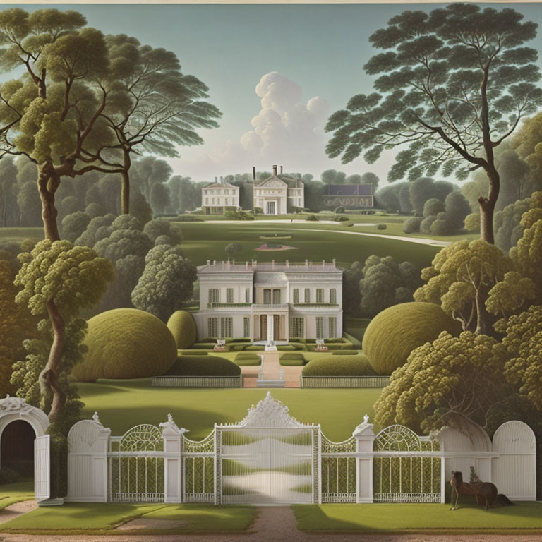 Symmetrical mansion illustration with gardens, topiaries, deer, and serene sky