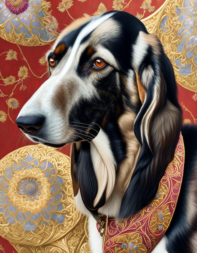 Regal portrait of a black fur dog with tan and white markings and brown eyes on red and gold