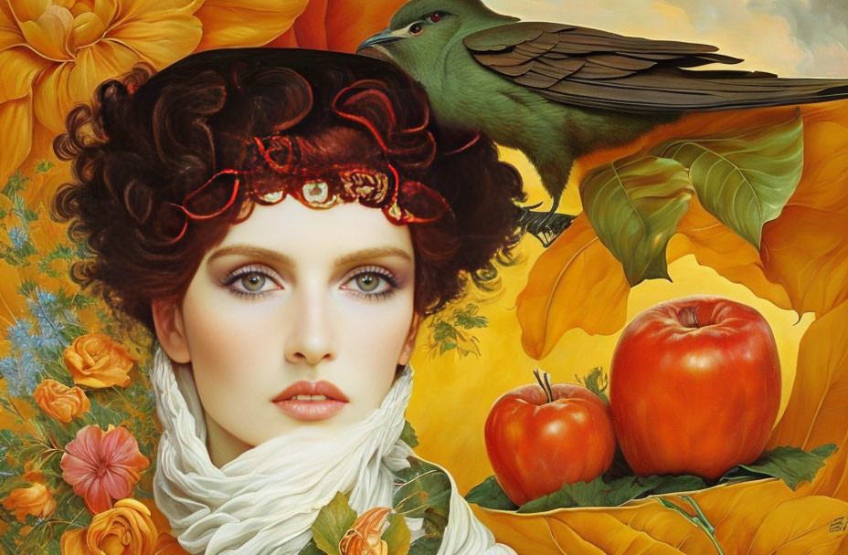 Portrait of a woman with blue eyes, red band, orange flowers, green leaves, apples, and