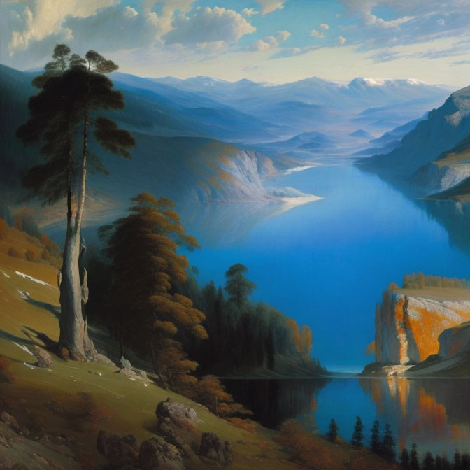 Tranquil landscape: towering tree on cliff, blue lake, autumn mountains