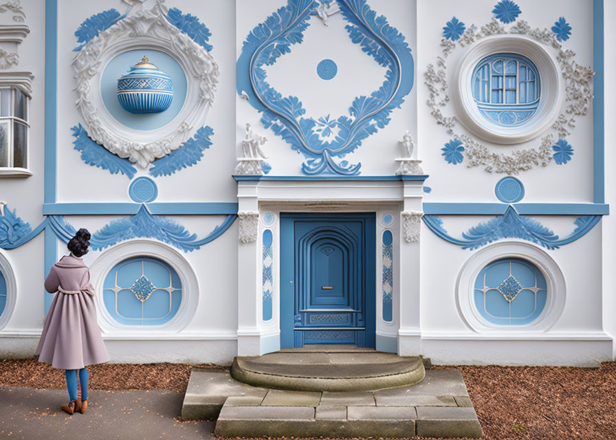 Taupe-coated person admires ornate blue and white building with intricate designs and central blue door