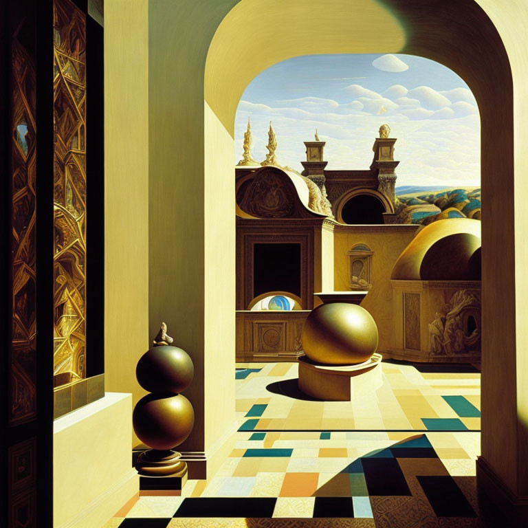 Ornate Room with Archways, Geometric Patterns, and Spherical Sculptures