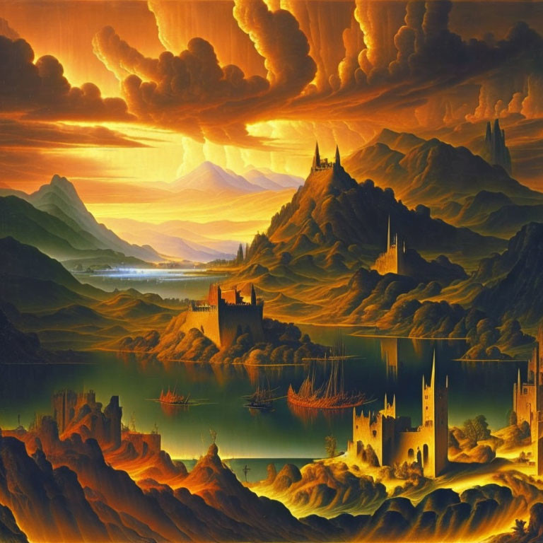 Majestic sunset scenery with castles, mountains, lakes, and sailing ships