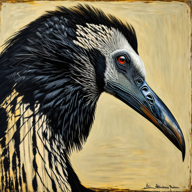 Detailed black and white bird painting with long beak on beige background