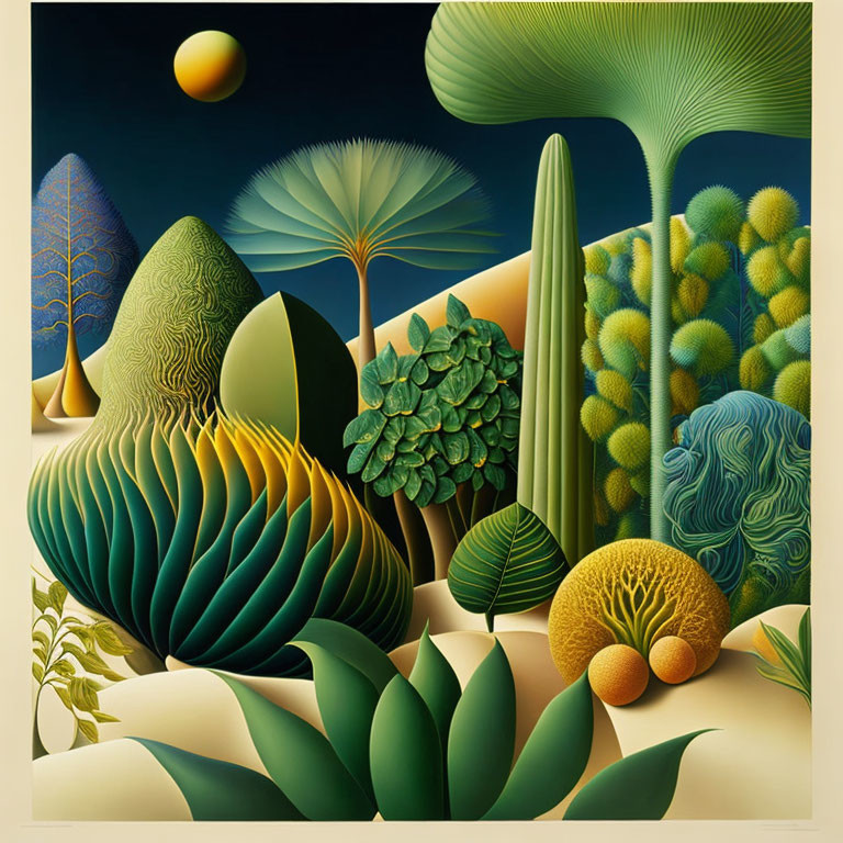 Colorful Stylized Flora in Surreal Landscape with Moon