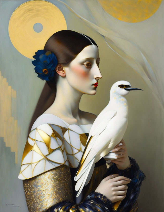 Stylized portrait of woman with pale skin and dark hair in golden outfit with blue flower and white