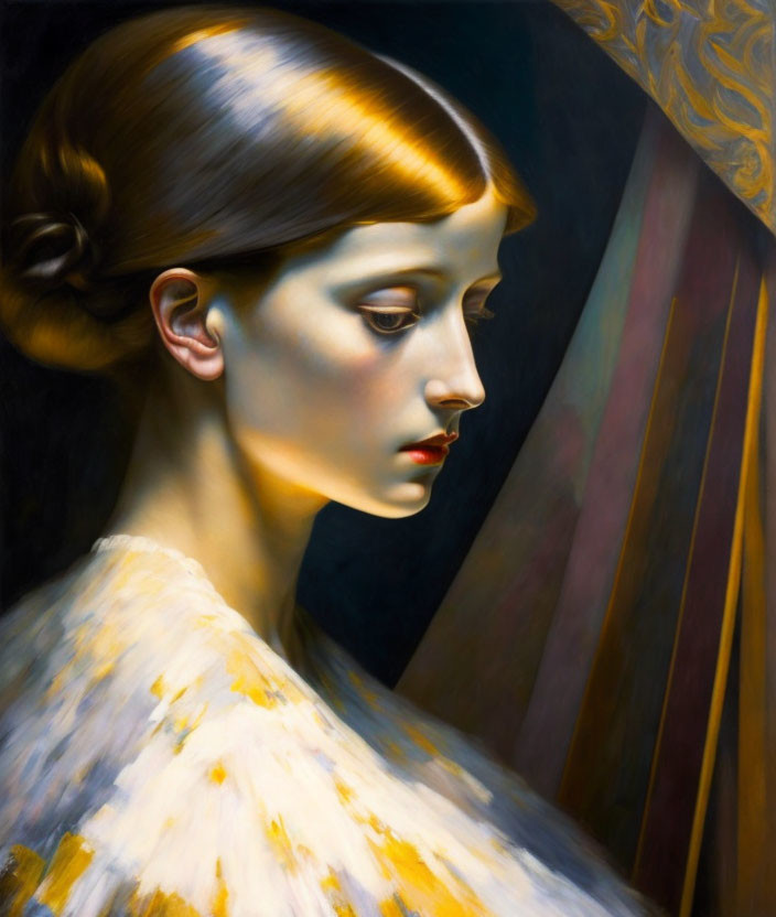 Portrait of Woman in White Dress with Gold Accents on Dark Background