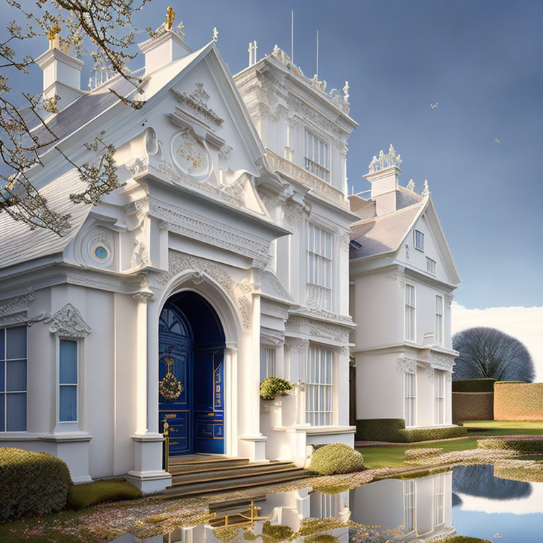 Elegant white mansion with blue door, manicured hedges, serene pond reflection