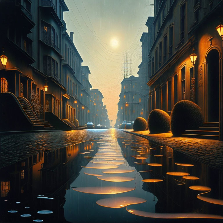 Twilight urban scene: dimly lit cobblestone street with glowing orb light and geometric reflections