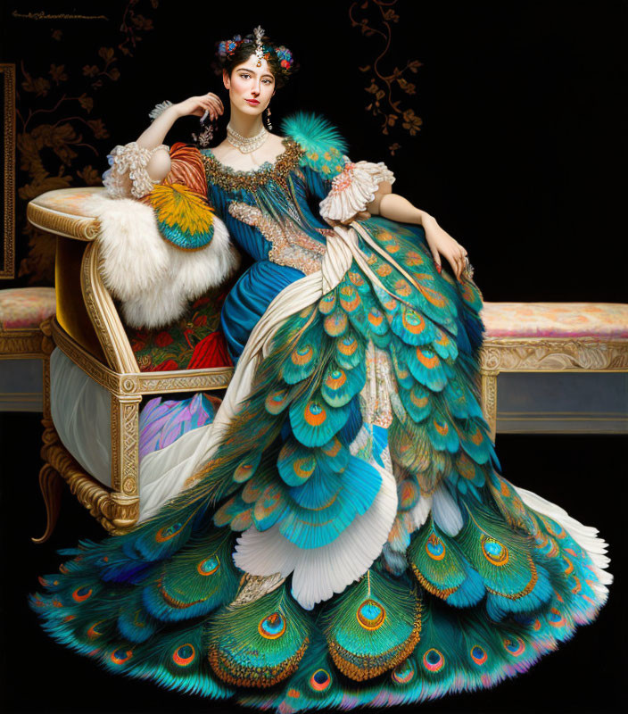 Luxurious peacock-themed gown on person sitting on white and gold sofa