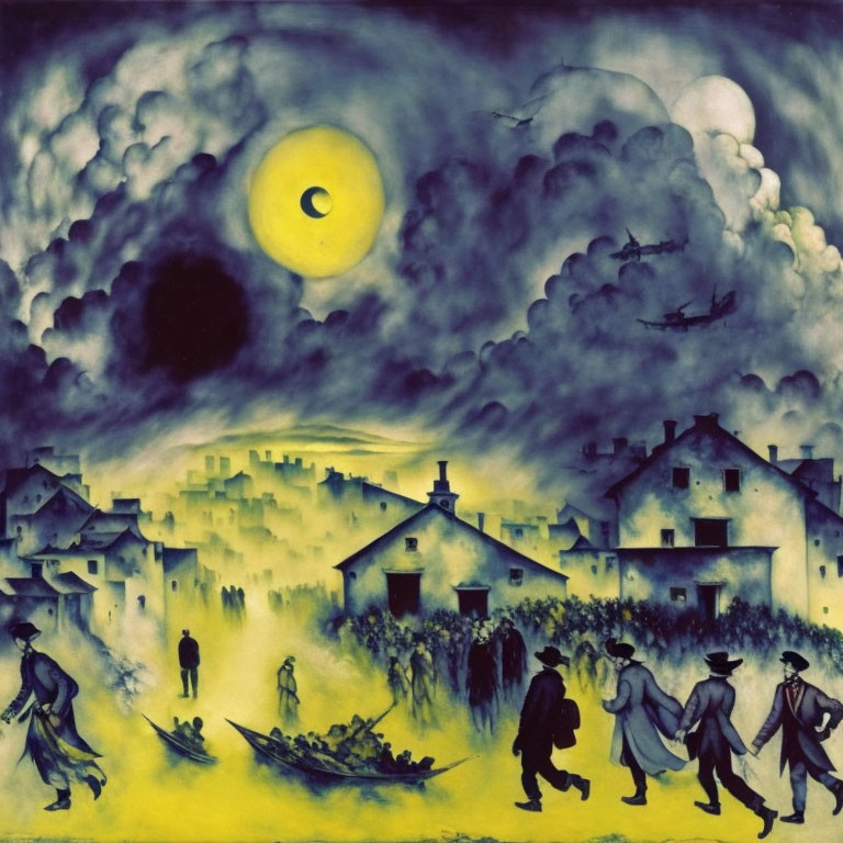 Surreal village painting with stormy sky and yellow eye