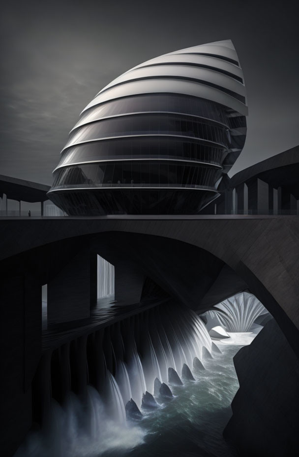 Futuristic spiraled building on bridge with waterfalls under brooding sky