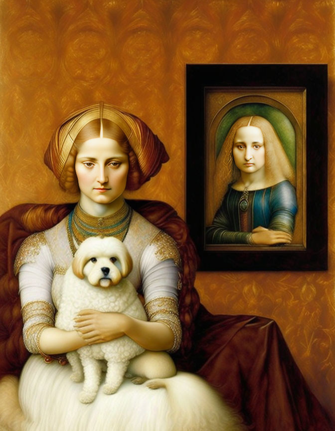 Surreal artwork merges Mona Lisa with woman and dog on golden backdrop