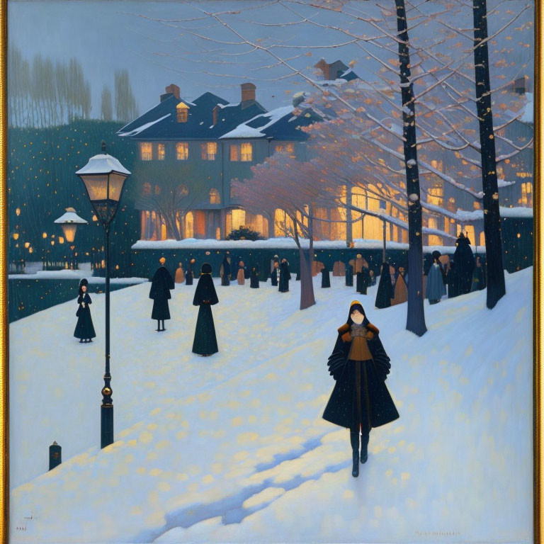 Winter Dusk Cityscape with Snow, Victorian Buildings, and People