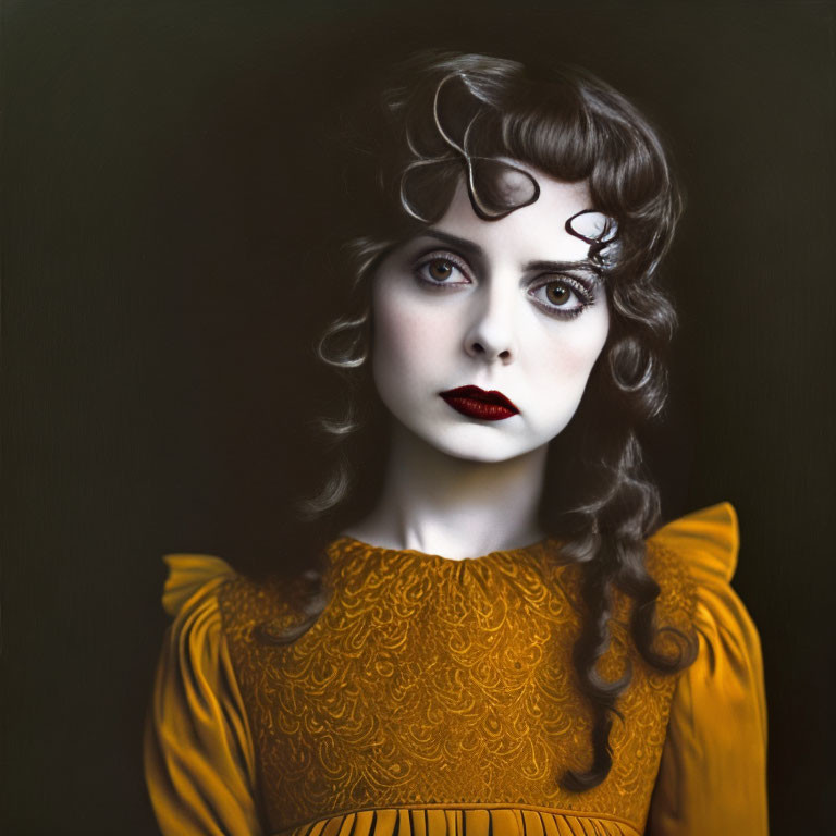 Vintage-style portrait of a woman with pale skin and dark curly hair in a textured yellow dress.