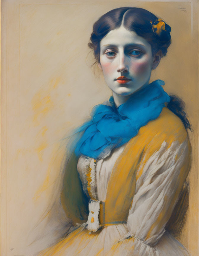 Portrait of young woman in yellow dress with blue scarf and flower