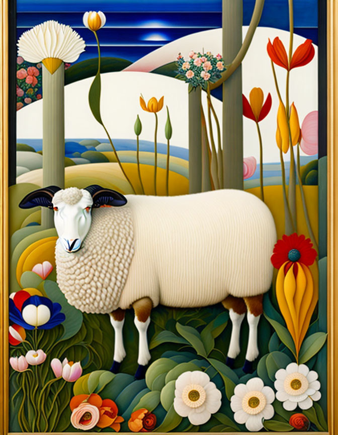 Colorful Sheep Surrounded by Flowers and Trees