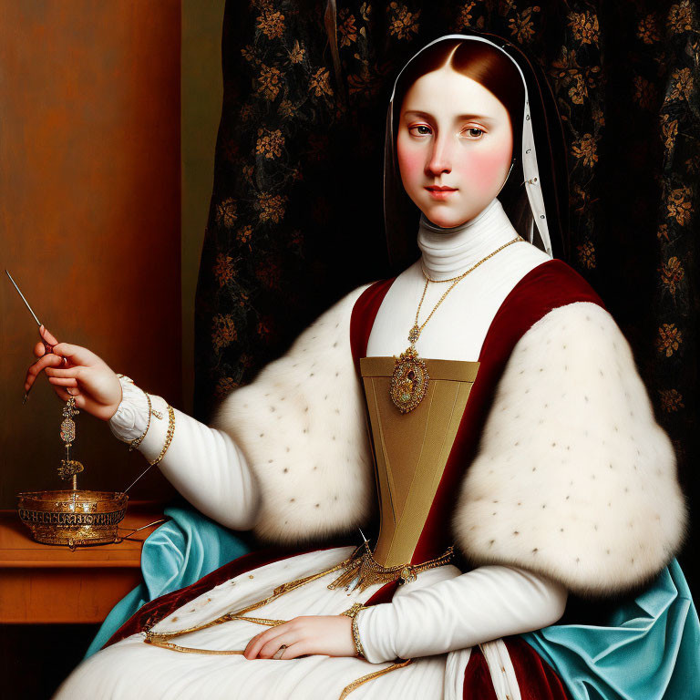 Historical painting of a woman in fur wrap with rod next to table.