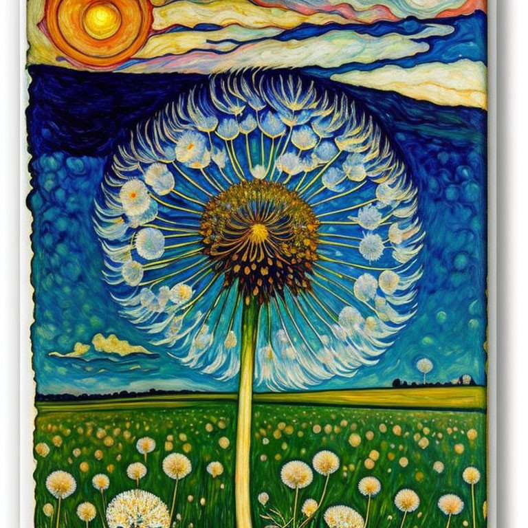 Colorful whimsical dandelion tree painting in vibrant landscape