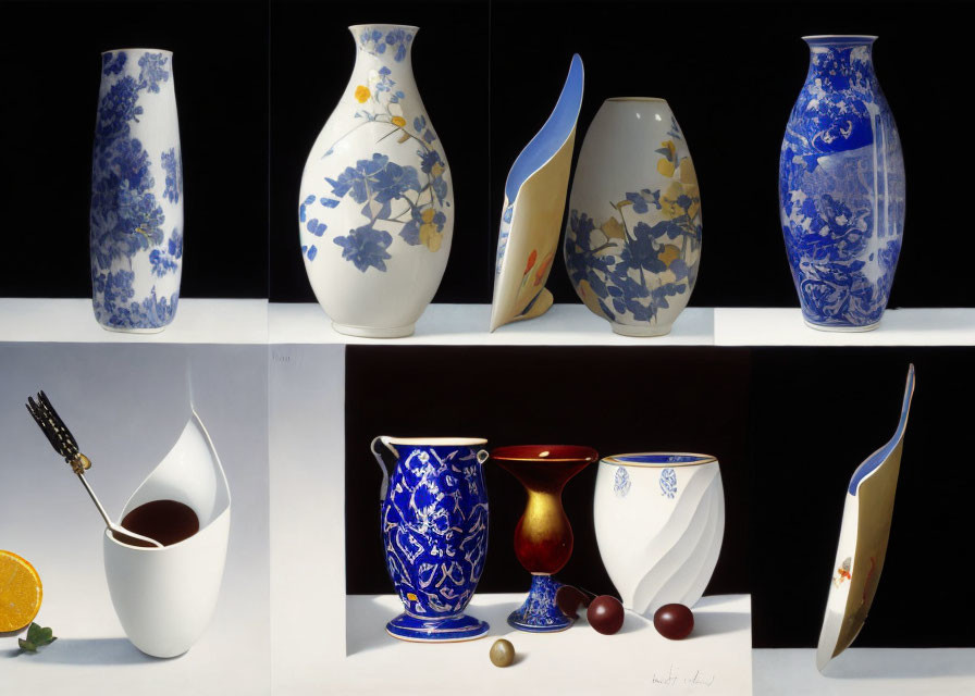 Collage of Eight Blue and White Porcelain Vases