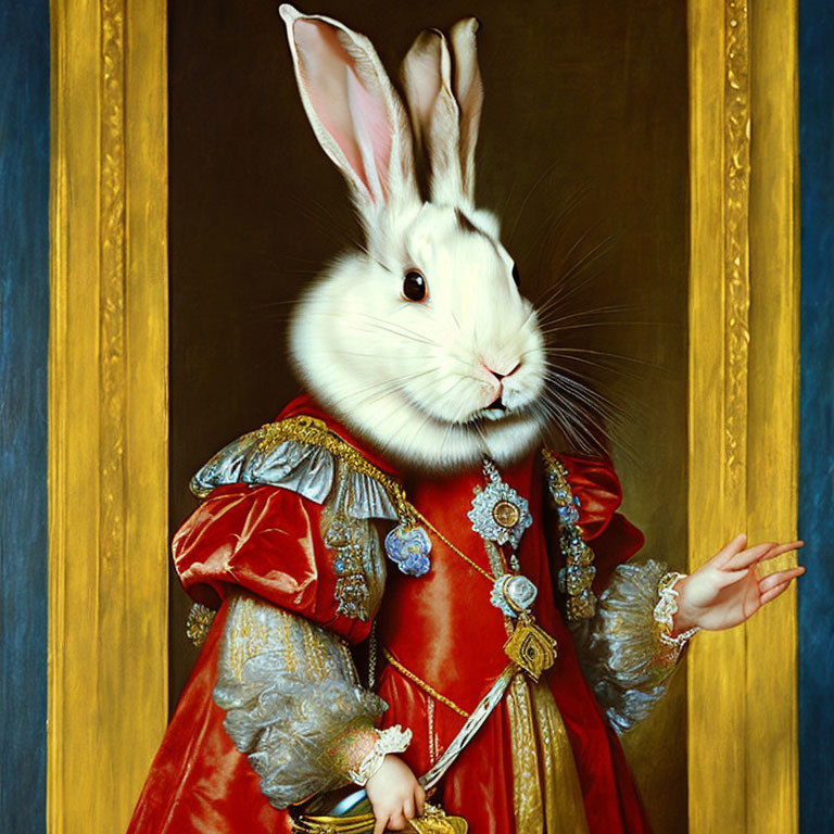 Whimsical portrait: Rabbit-headed figure in Renaissance attire