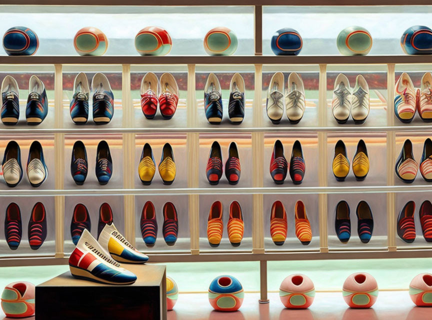 Colorful Shoes and Balls Arranged on Shelves in Various Patterns and Styles