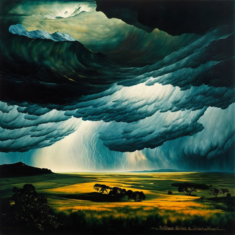 Dark clouds, lightning, and golden field in dramatic landscape.