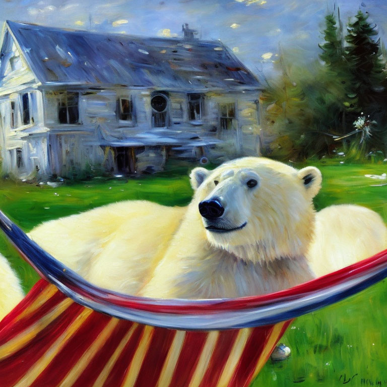 Polar bear relaxing in hammock with dilapidated house in background