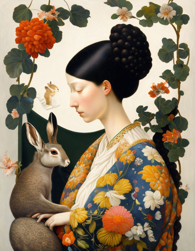 Woman in floral kimono with hare and hummingbird against arched backdrop