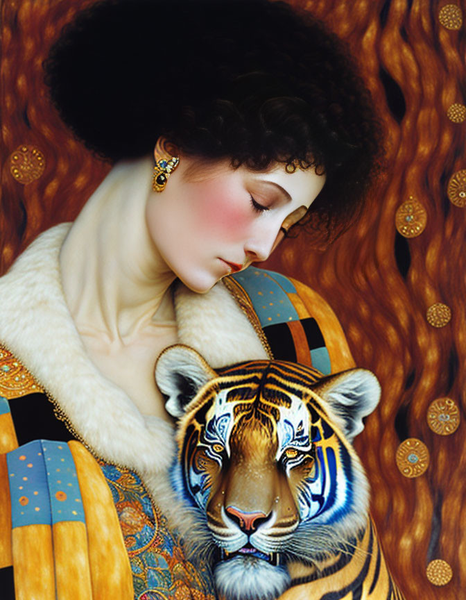 Elaborate hairstyle woman with tiger in rich textures