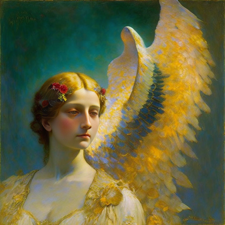 Classical-style painting of woman with angelic wing and floral headpiece