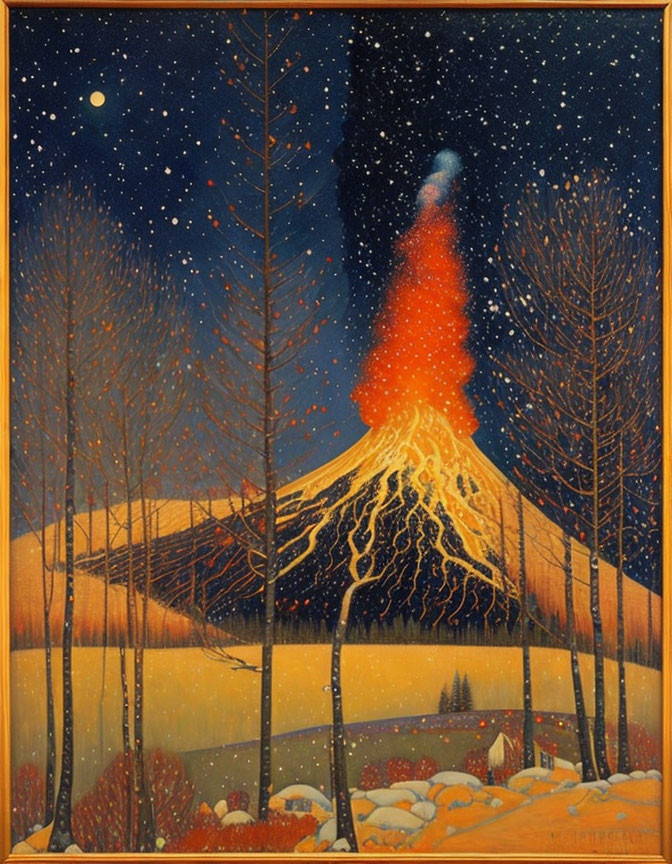 Vivid painting of night-time volcanic eruption with starry sky and silhouetted trees