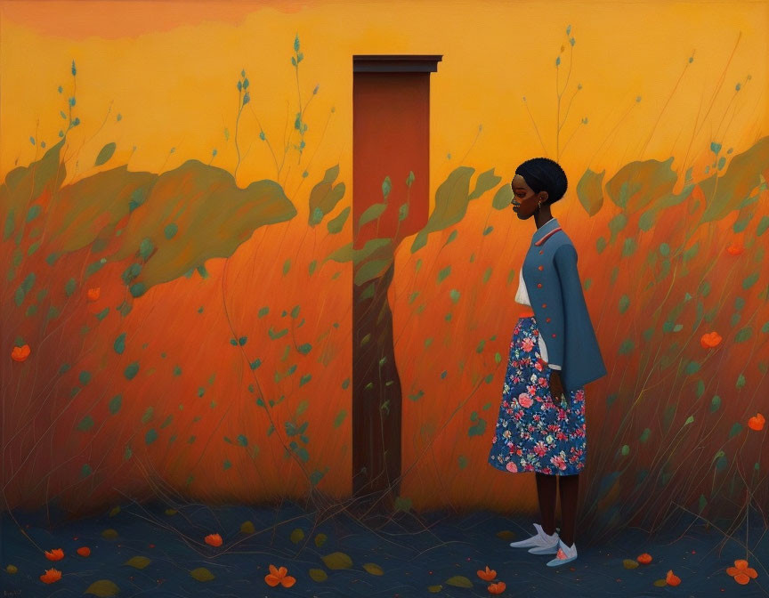 Woman standing by tall door in field of flowers under orange sky