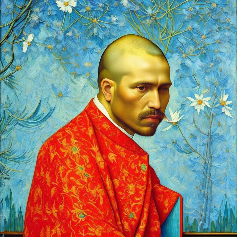 Bald man in red robe with mustache on blue background with white flowers