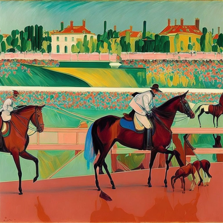 Colorful painting of jockeys, horses, and small dog at racetrack