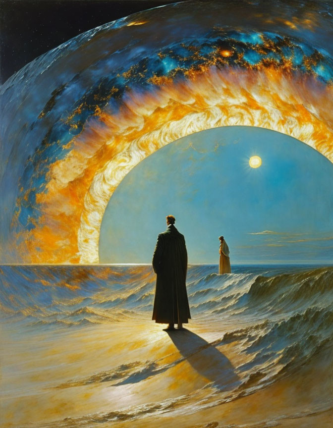 Two figures on golden shore witness cosmic event with sun and fiery portal over ocean.