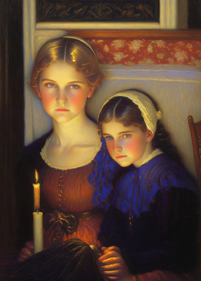 Portrait of two young girls in red and blue dresses with candle, serious expressions, and dark background.