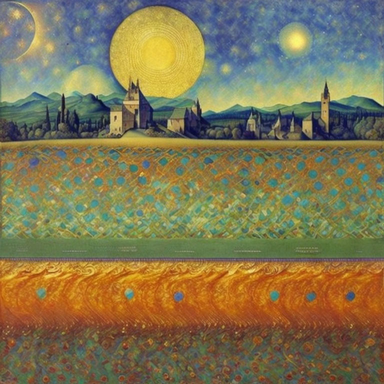 Vibrant painting of starry sky, yellow moon, village towers, and richly-patterned