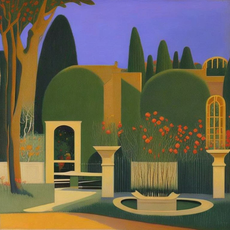 Serene garden painting with topiary, fountain, red flowers, and yellow building